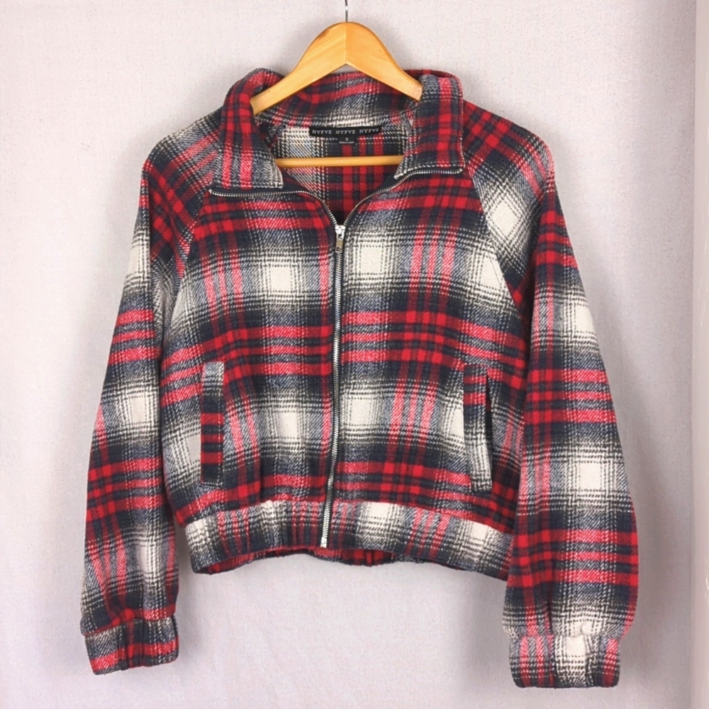 HYFVE Women's Plaid Zip Front Oversized Bomber Jacket Small